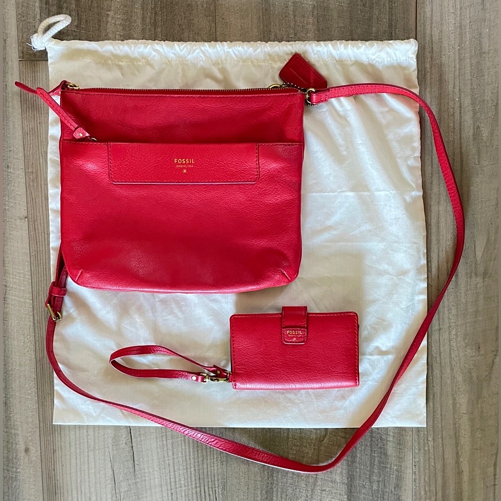 Nwot Fossil Tinsley Red Leather Crossbody Purse  Matching Wallet